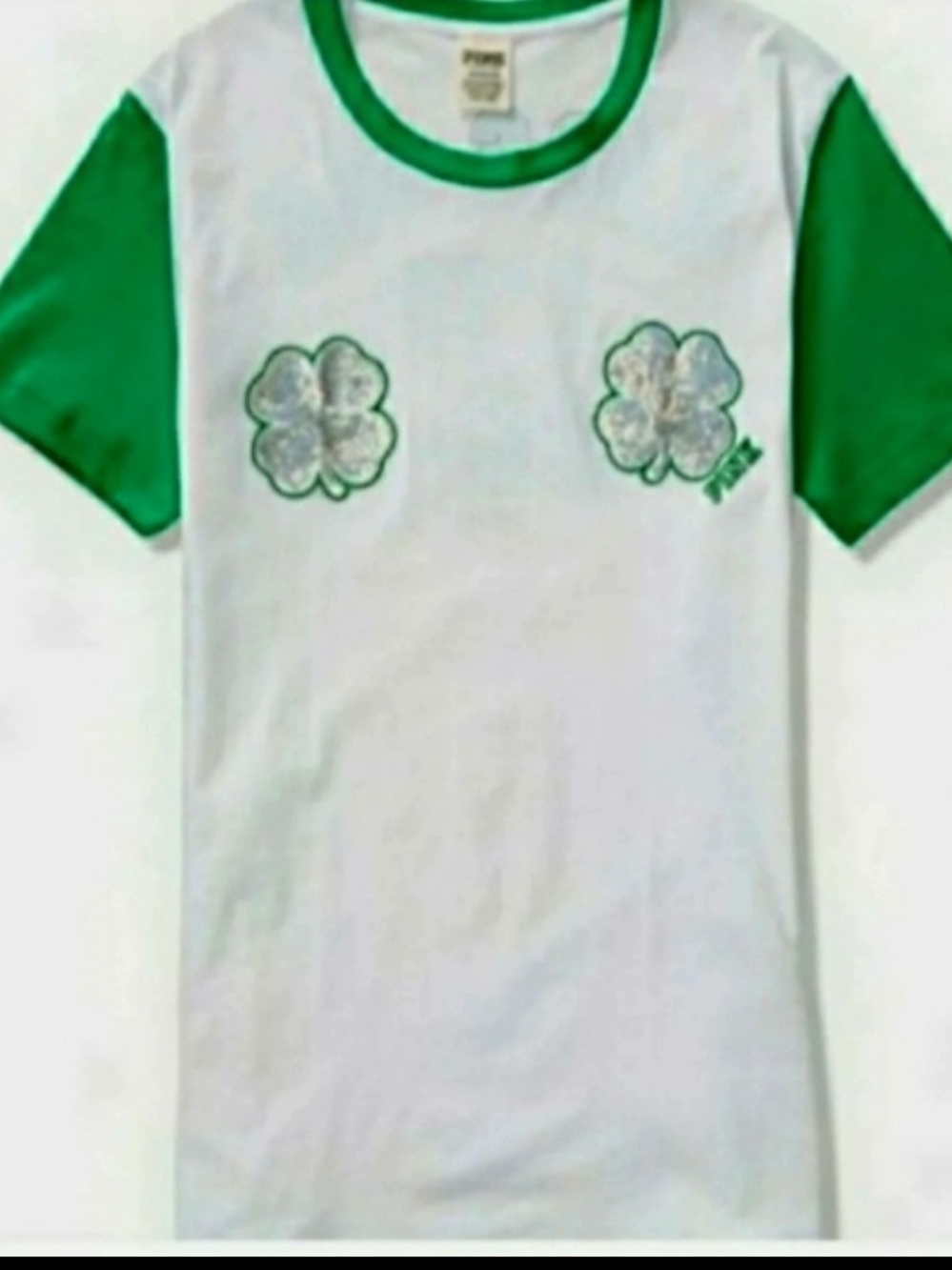 PINK White & Green Ringer Tee with Shamrock Graphics